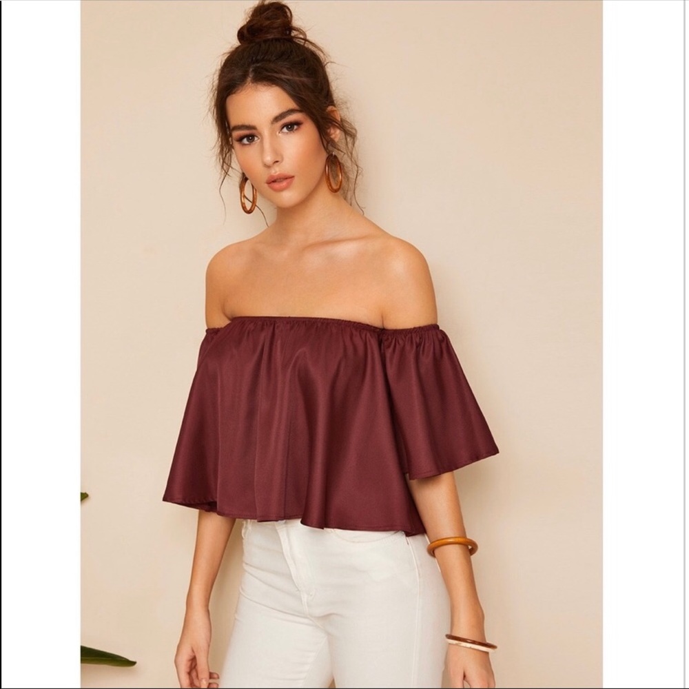 NEW Burgundy Shirred Off the Shoulder Top - Picture 5 of 5